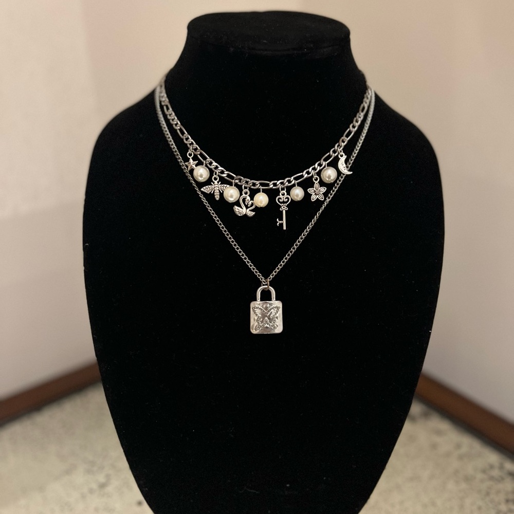 LOCKED OUT OF HEAVEN - Layered Silver Charm Necklace with Pearls & Lock Pendant